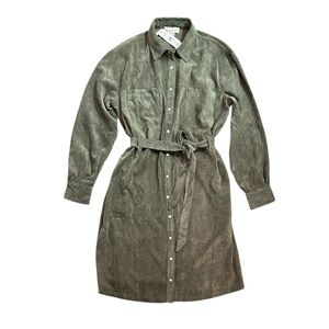 Micro-cord shirt dress in sage green